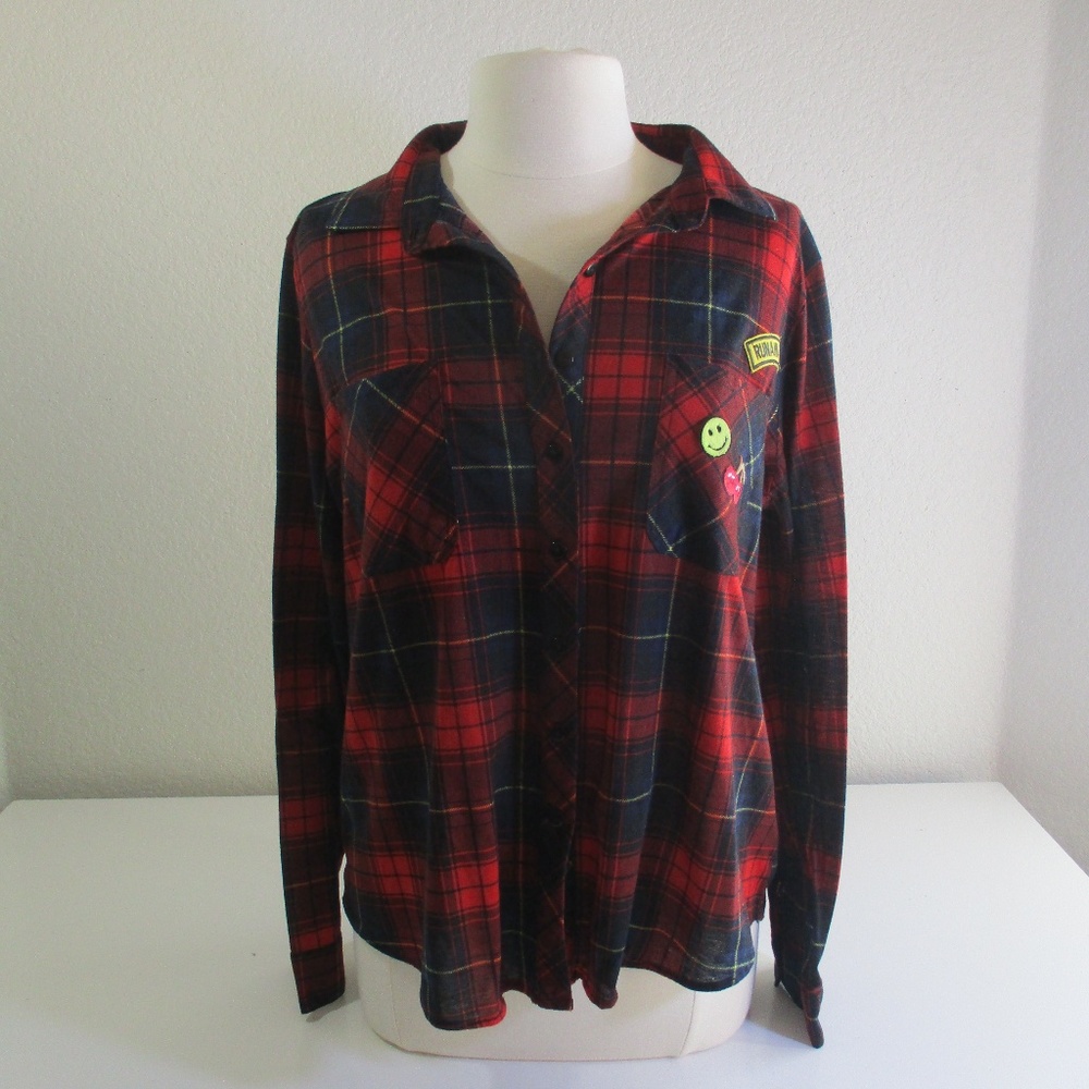 Plaid Top Shirt Red Black Patches Cherries 12/14
